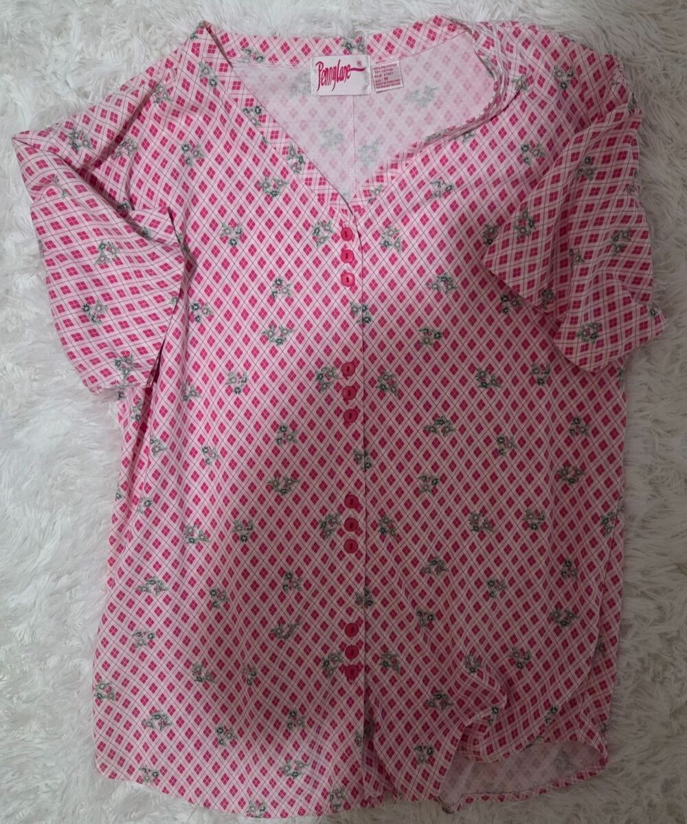 Penelope Womens Medium Pink Floral Plaid Button Front Blouse Cottagecore Vintage